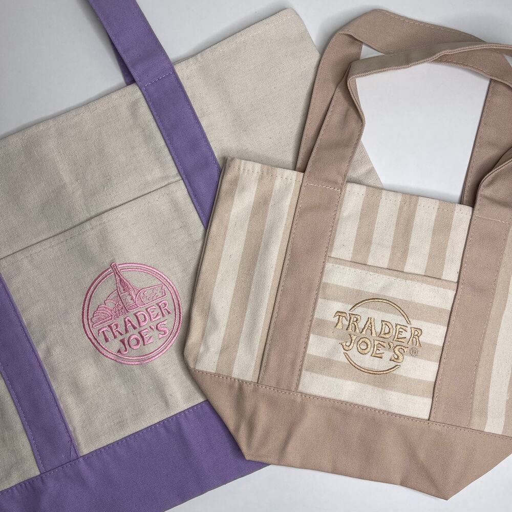 Set of 2 — Trader Joe’s Canvas Tote Bags — Large Size PURPLE + Mini STRIPE KHAKI